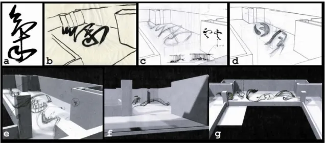 Figure 4.12 明 王鐸 a.  展場空間設計(傳統媒材)b. c. d. e. f. g. h. 