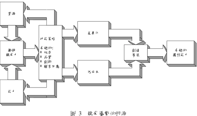圖 3 說明了一家公司的資源、能力、獨特競爭力、功能策略、差異化 (differentiation)、低成本(low cost)、創造價值及獲利能力(superior  profitability)之間的關係。公司的資源和能力形成公司的獨特競爭力，而 獨特競爭力塑造公司可追求的功能策略。公司所採用的功能策略也能建立新 的資源與能力或強化既有的資源與能力。經由新建立或強化的資源與能力， 可以幫助公司建立更獨特競爭力。一個公司是否能有更高的效率