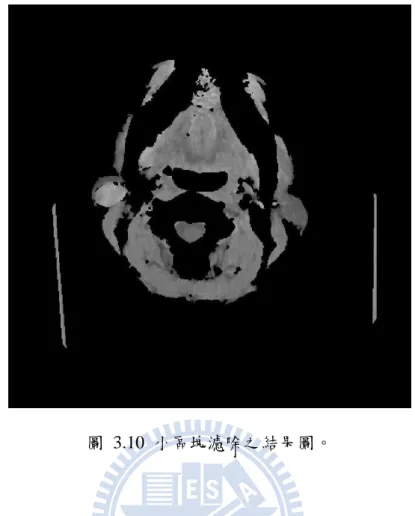 圖  3.10  小區塊濾除之結果圖。  3.4 影像分區  在本節將介紹如何將影像進行分區，進而將各組織區分開來，以利於異常淋 巴及腫瘤的特徵抽取。鑒於 2.3 節所介紹的均值移動演算法之分區方式將出現兩 大問題，第一個問題為該方法的初始點會影響整張影像的分區結果，第二個問題 為當均值移動法的帶寬大小將對分區的結果產生嚴重的劇變，若是太大的話，將 會把不同區塊的組織是為同一類，如圖  3.11 (a)所示；若是太小的話，則將會把 同一塊組織區分成多塊組織，如圖  3.11 (b)所示。  針對以上的問題，