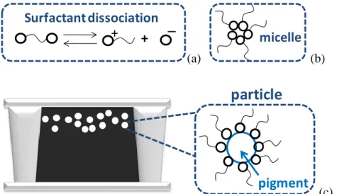 Fig.  2-1  Formation  of  (a)  surfactant  dissociation  (b)  micelle,  and  (c)  particle  configuration inside the microcup EPD [15][16]