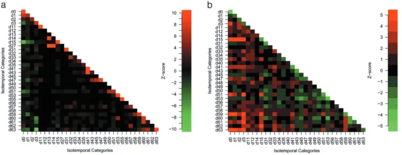Fig. 2. Interaction patterns. (a) Z scores for all possible interactions of the isotemporal categories in the protein interaction network