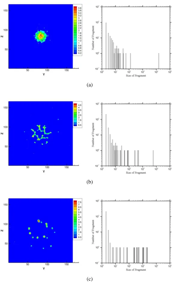 Fig. 3. 60 Snapshot of density contour and clusters size distribution of Xenon  droplets collision, b=0, V=2250m/s, at (a) 25ps, (b) 75ps, (c) 150ps