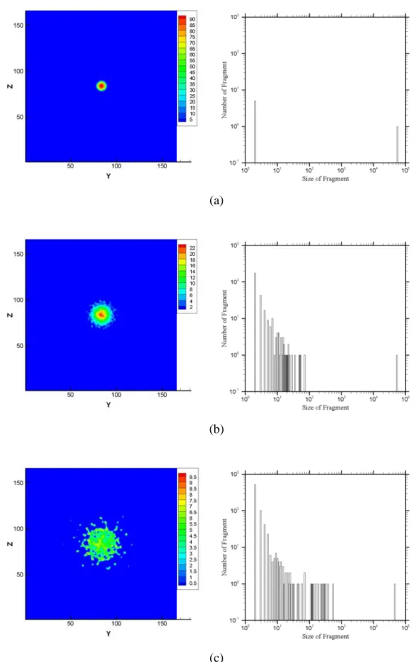 Fig. 3. 62 Snapshot of density contour and clusters size distribution of Helium  droplets collision, b=0, V=500m/s, at (a) 25ps, (b) 75ps, (c) 150ps
