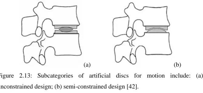 Figure 2.13: Subcategories of artificial discs for motion include: (a)  unconstrained design; (b) semi-constrained design [42]