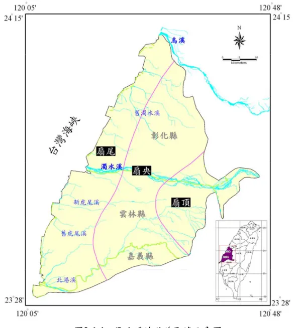 圖 2-1-2為 濁 水 溪 沖 積 扇 之 地 形 圖，其 地 形 變 化 大 致 西 低 緩 、 東 高 陡，自 東 而 西 可 歸 納 為 山 地、丘 陵 與 沖 積 扇、台 地 及 平 原 等 四 主 要 地 形 區 (石 再 添 等，1996)，各 地 形 分 區 特 性 詳 述 如 表 2-1-1。 
