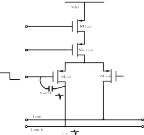 圖 3.5-(b)未串聯緩衝電晶體對電流源，charge injection 出現在輸出端 