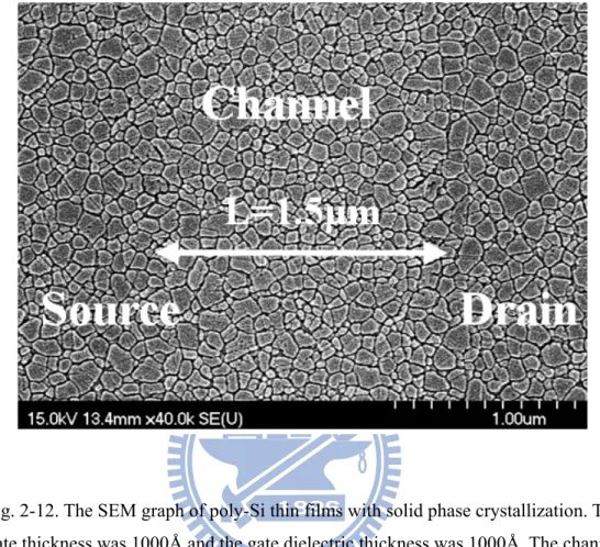 Fig. 2-12. The SEM graph of poly-Si thin films with solid phase crystallization. The  poly gate thickness was 1000Å and the gate dielectric thickness was 1000Å