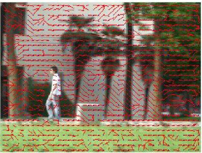 圖 3.5：區域移動向量  再以補償後的影像，與其前張影像相減，得到背景被抑制的結果圖 3.6 移動邊緣圖。  (a)                                                                          (b)  圖 3.6：移動邊緣圖(a)未補償的連續影像相減結果(b)補償後的連續影像相減結果  3.4