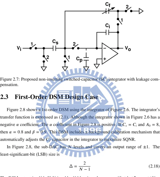 Figure 2.7: Proposed non-inverting switched-capacitor (SC) integrator with leakage com- com-pensation.