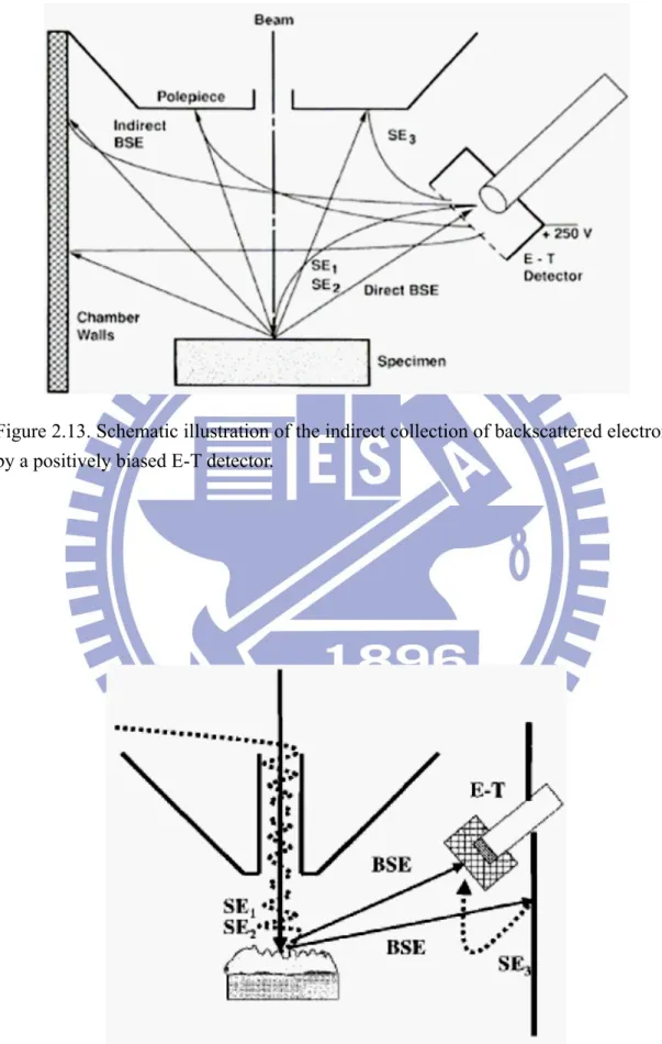 Figure 2.13. Schematic illustration of the indirect collection of backscattered electrons by a positively biased E-T detector