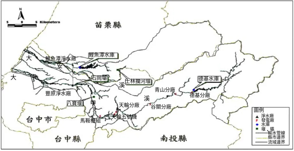 圖 3.1-1  大安溪、大甲溪流域圖鯉魚潭水庫 士林攔河堰  德基水庫 石岡壩 八寶堰 鯉魚潭淨水廠 豐原淨水廠 青山分廠 德基分廠 谷關分廠 天輪分廠 天輪五號機 馬鞍機組 大 大安溪甲溪 圖例  淨水廠  發電廠 水庫 堰、壩  輸水管線 縣市邊界 流域邊界 