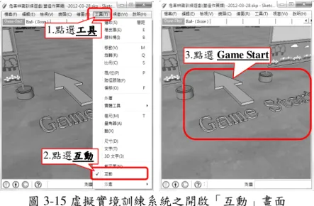 圖 3-15 虛擬實境訓練系統之開啟「互動」畫面  遊戲開始後，學習者需辨識（點選）虛擬工地中之危害，若辨識成功將彈出「提示 語」 ，按下確定鍵後，系統將自動排除辨識成功之危害並顯示正確（安全）環境（如圖 3-16） 。最後可點選上方場景列中「End」場景，即有計分機制供學習者參考（如圖 3-17） 。  圖 3-16 虛擬實境訓練系統之危害辨識畫面 1.點選工具工具工具 工具2.點選互動互動互動 互動3.點選 Game Start 4.辨識(點選)危害危害危害危害 點選方向指標方向指標方向指標方向指標， 