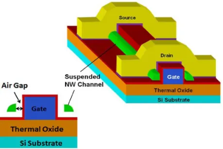Fig. 1.12. Stereo view and cross-sectional view of the suspended-NW-Channel TFT  [14]