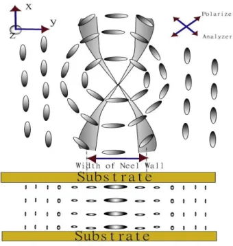 Fig. 2.18 Schematic showing the structure near an Ne ' el   wall in a homogeneously aligned nematic LC cell