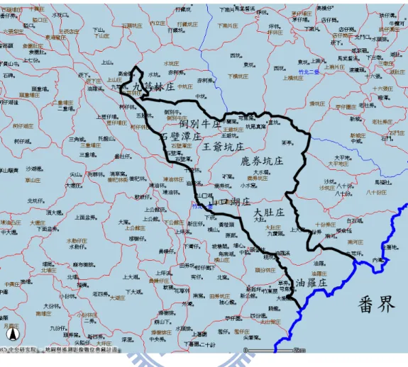 圖 1-1：劉朝珍家族遷徙拓墾地區示意圖                        資料來源:台灣寶圖影像檢索系統  日期:2011.06.01                                          筆者加以改繪。年代:清道光年間  而在時間的斷限上，以 1761（乾隆二十六年）年劉朝珍父親，亦可稱 劉朝珍家族來台祖的劉可佑來台為始，以 1895 年日本開始統治台灣的 時點為止，其理由主要在於劉朝珍家族從來台祖開基後到 1895 年日本 領台為止 100 餘年的清代台灣時期，