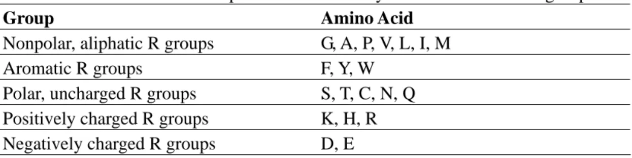 Table 2.3. The relationship between the twenty amino acids and five groups 