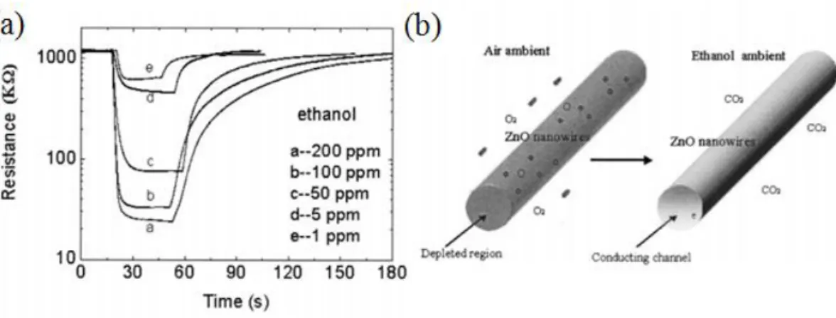 圖 2.5 元件量測示意圖(a)300  o C 下 1-200 ppm 乙醇感測；(b)氧化鋅感測機制  [3]。 