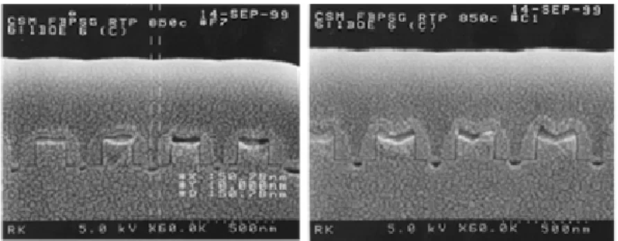 Figure 2.17    Vertical (left) and tapered (right) structure types show                          gap fill with BPSG with RTP of 850 o C for 30seconds