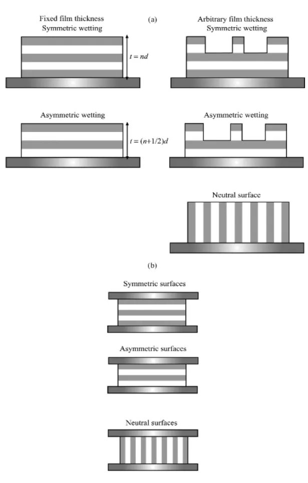 Figure 1-5.  Possible configurations of lamellae in block copolymer films. (a)  Confined at one surface