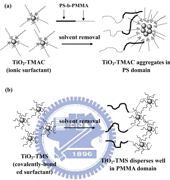 Figure 1-10.  Schematic representation of selectively distributed TiO 2  NPs in a  PS-b-PMMA diblock copolymer