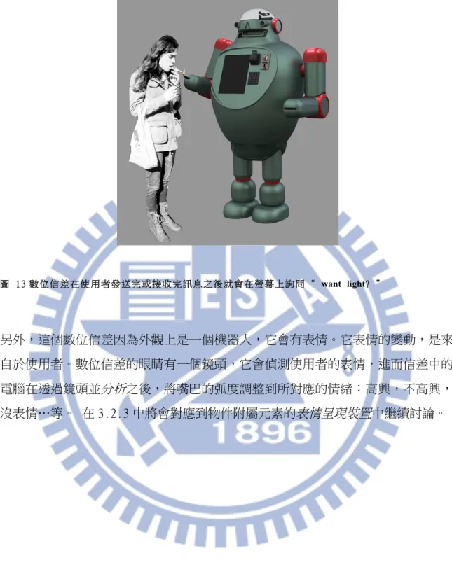圖 13 數位信差在使用者發送完或接收完訊息之後就會在螢幕上詢問“ want light? ” 