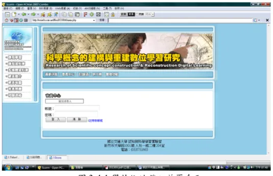 圖 3-4-1 學習網站登入首頁畫面  3.學習事件：當學習者登入網站開始進行課程學習時，即可進入視覺成像概念網路互動 式類比學習環境，開始進行一系列的學習事件。學習者依照網頁畫面呈現的步驟，逐 頁的進行概念學習與問題回答的活動。其中課程學習的內容，由靜態與動態的文字敘 述與圖片、表格、動畫影片與動畫模擬、實際拍攝的教學影片等多媒體組成。  4.離開系統：學習者在完成課程學習之後，點選登出，即可離開視覺成像概念學習系統。  二、視覺成像概念建構測驗：          由研究者依據課程內容編製相關的概念測驗