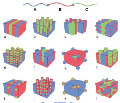 Figure 1-1-2 Schematic of morphologies for linear ABC triblock copolymer.    A  combination of block sequence (ABC, ACB, BAC), composition and block  molecular weights provides an enormous parameter space for the creation of new  morphologies