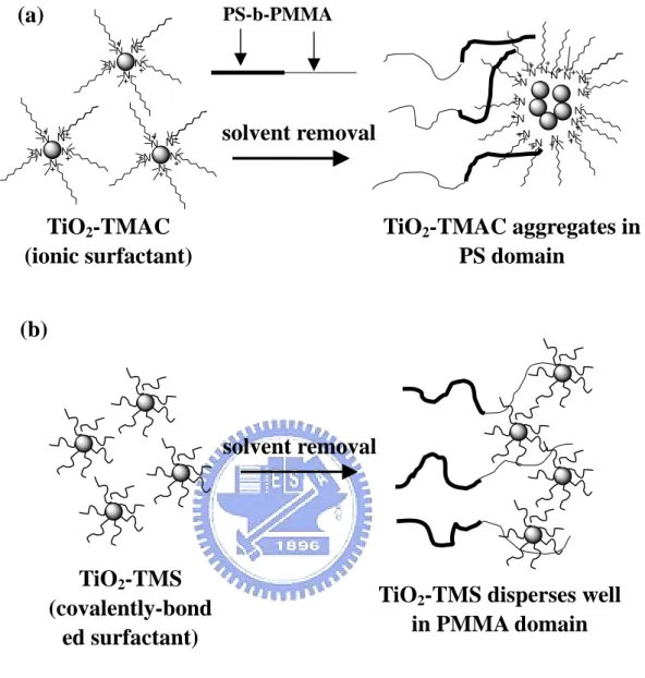 Figure 1-3-6 Schematic of selectived distribution of TiO2 nanoparticles in  polystyrene-b-poly(methylmethacrylate) diblock copolymer