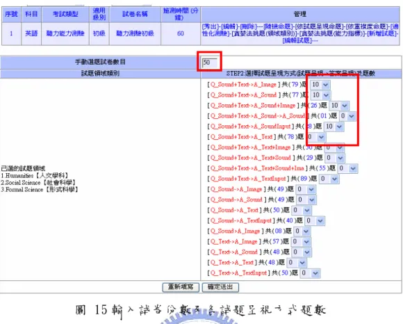 圖 15 輸入試卷份數及各試題呈視方式題數 