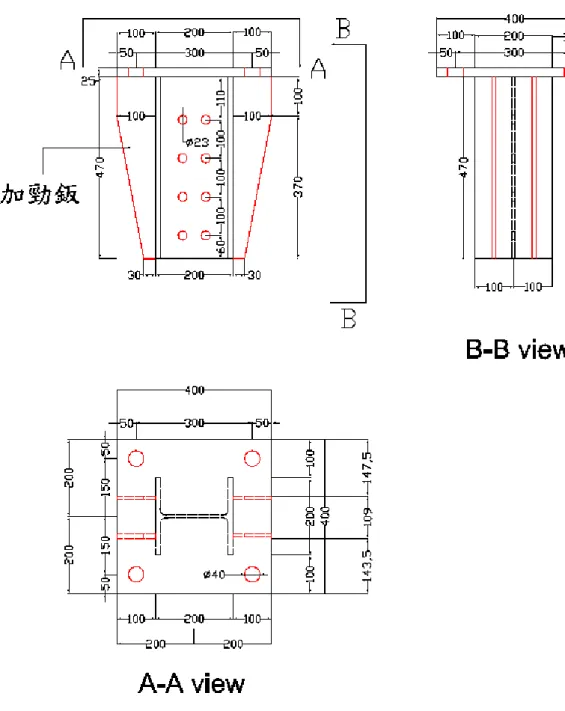圖 2.10 摩擦阻尼斜撐上端細部設計圖（單位：mm） 