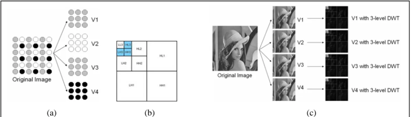 Figure 1. (a)  Subsample “Lena” image into four sub-images.  (b) The watermarks are inserted at HL3, LH3, and HH3  band respectively with pair of subimages