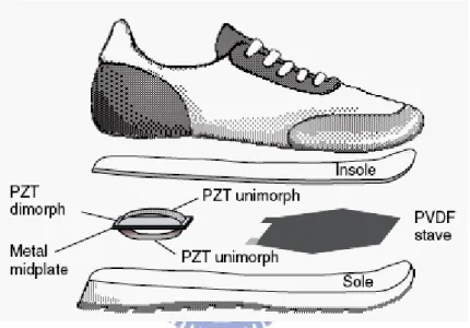 Fig. 1.3 Exploded view of the piezoelectric shoe inserts located underneath the heel  and ball of the foot [18] 