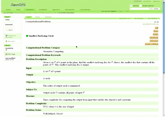 Figure 7: A computational problem object created by portal user. At right side are some  basic functions provided by this knowledge object, including edit, share, folder,  mindmap, reference, and create solution