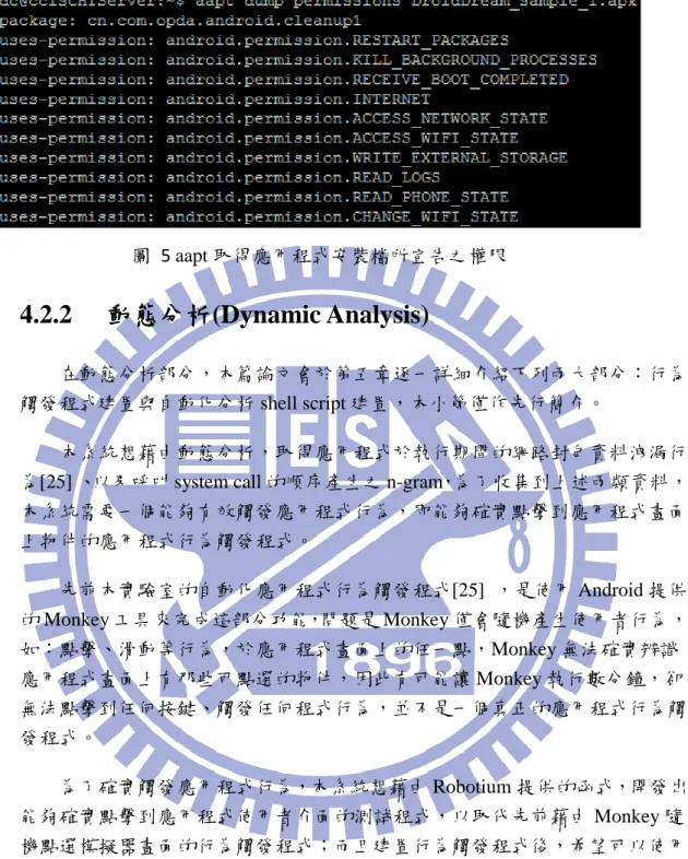 圖  5 aapt 取得應用程式安裝檔所宣告之權限 