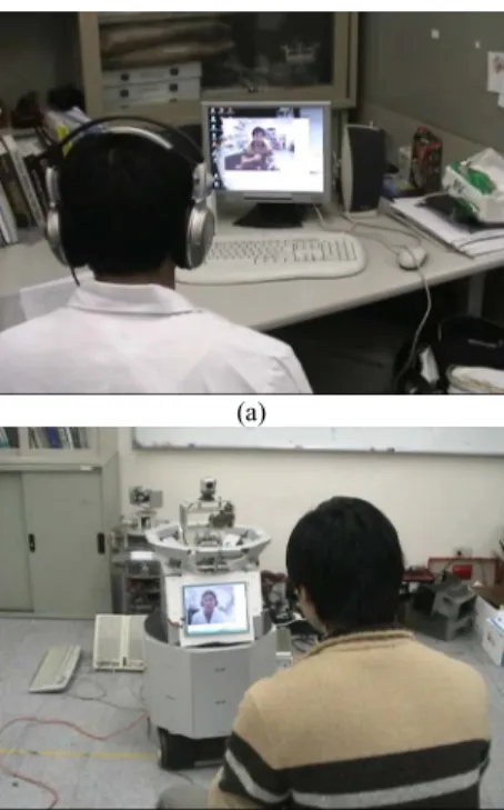 Fig. 7 Remote consulting by video and speech communication via  wireless LAN. (a) Remote computer (the doctor side) (b) Healthcare  robot (the patient side) 