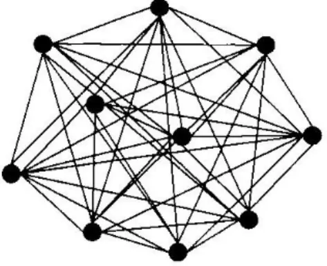 圖 1:  完全圖示(The complete graph)  2.  網絡連結(The network)。請見圖 2。        在此結構中，節點與節點之間形成一個迴路，使用者在迴路中可 以是單向前進，亦可雙向來回。Ryan 認為此種結構主要是用作於達 達派以及超現實等的藝術表達。      圖 2:  網絡連結(The network)  3