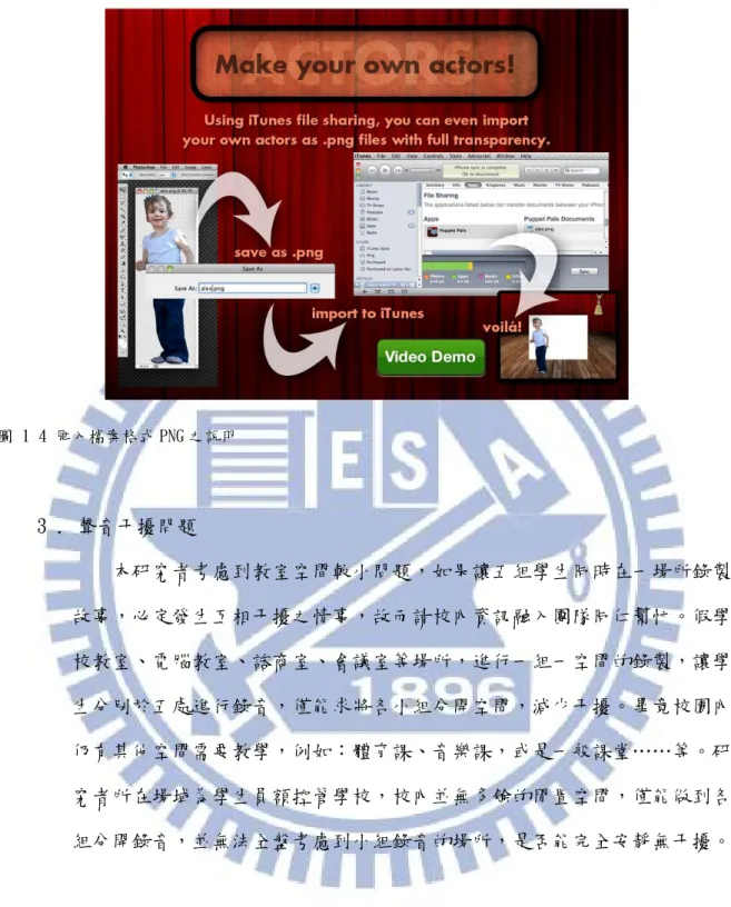 圖 14  匯入檔案格式 PNG 之說明      3.  聲音干擾問題      本研究者考慮到教室空間較小問題，如果讓五組學生同時在一場所錄製 故事，必定發生互相干擾之情事，故而請校內資訊融入團隊同仁幫忙。假學 校教室、電腦教室、諮商室、會議室等場所，進行一組一空間的錄製，讓學 生分別於五處進行錄音，僅能求將各小組分開空間，減少干擾。畢竟校園內 仍有其他空間需要教學，例如：體育課、音樂課，或是一般課堂……等。研 究者所在場域為學生員額控管學校，校內並無多餘的閒置空間，僅能做到各 組分開錄音，並無法全盤考