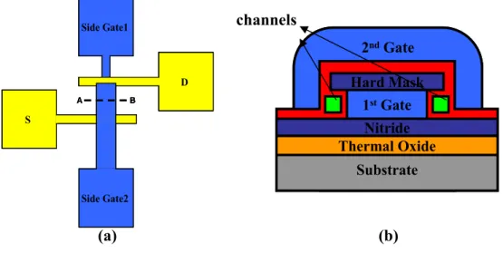 Fig. 2-1 (a) The layout and (b) Cross-sectional view of embedded NWTFT. 