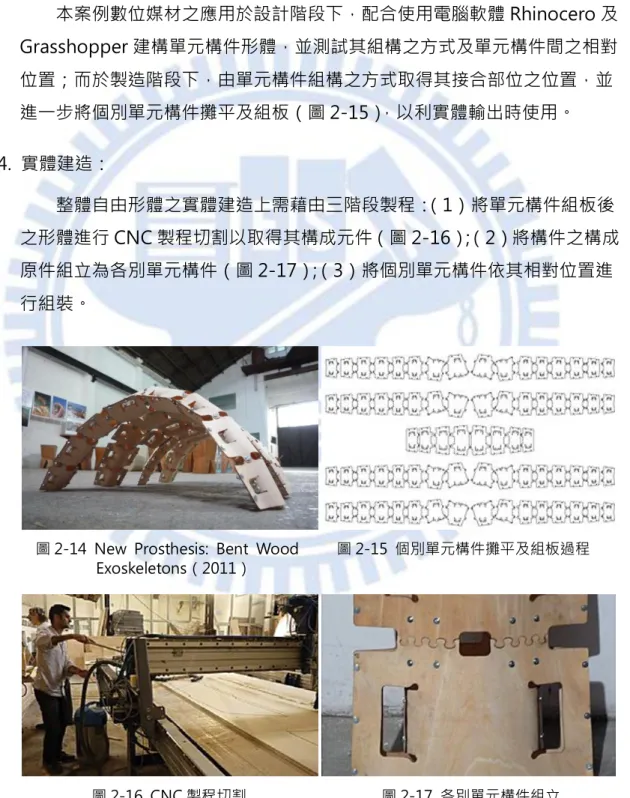 圖 2-14  New  Prosthesis:  Bent  Wood          圖 2-15  個別單元構件攤平及組板過程          Exoskeletons（2011）                                                               