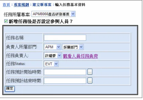 圖 4.6  輸入任務基本資料畫面  4.  輸入子任務基本資料      專案中的一項任務可能還會包含子任務，因此系統允許任務底下設置子 任務，使用者可以為專案底下的某個任務設置數個子任務，子任務的基本資 料和任務相同，如圖 4.7 所示。  圖 4.7  輸入子任務基本資料畫面  5