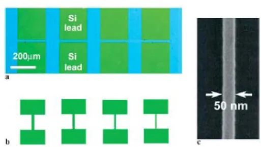 Fig. 2-8 Optical and SEM image of nanowire sensor. (a) Optical image of the  central region of a sensor showing a portion of the lead and the bridged nanowire  used for the DNA sensing; (b) schematic drawing of the SiNW with varying widths  corresponding t