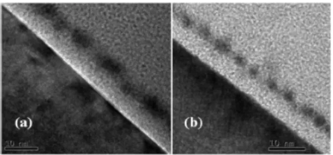 圖 1. (a)STD 與(b)經歷 600°C 退火在氮化 矽中形成奈米晶體之 TEM 截面圖 