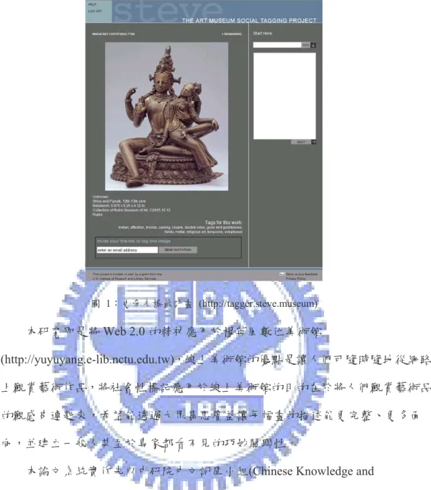 圖  1：史帝夫標籤計畫 (http://tagger.steve.museum)  本研究即是將 Web 2.0 的精神應用於楊英風數位美術館 (http://yuyuyang.e-lib.nctu.edu.tw)，線上美術館的優點是讓人們可隨時隨地從網路 上觀賞藝術作品，將社會性標記應用於線上美術館的目的在於將人們觀賞藝術品 的觀感串連起來，希望能透過大眾集思廣益讓每幅畫的描述能更完整、更多面 向，並建立一般人甚至於專家都看不見的巧妙關聯性。 