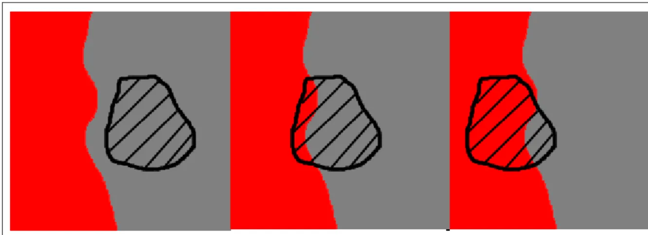 Figure 3: Handling the occlusion parts of the disparity maps. Red area is occlusion parts and  grey area is known disparity values