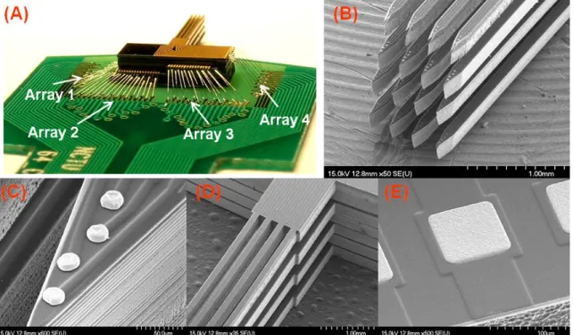 Figure 4 The photographs of successfully assembled 3-D microprobe array. (A) The wire-bonded result of  3-D microprobe array