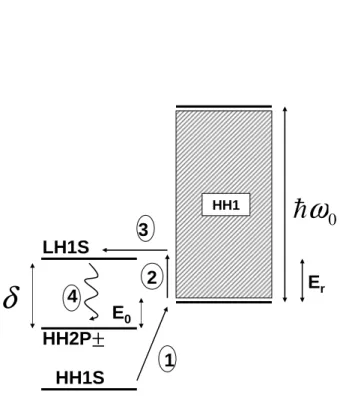 Figure 2.2: Schematic 4-level operation of the THz laser. The operation involves three acceptor states LH1S, HH1S and HH2P± as well as the HH1 continuum (shaded region)