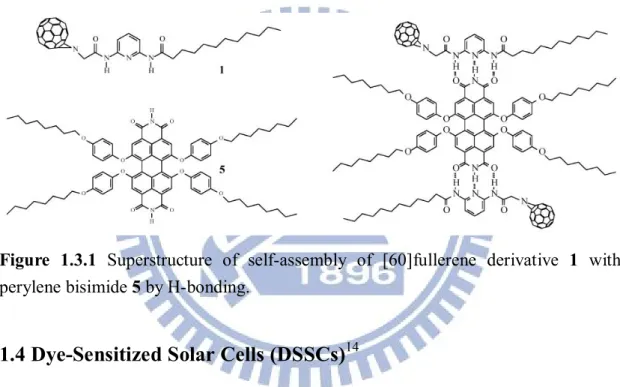 Figure  1.3.1  Superstructure  of  self-assembly  of  [60]fullerene  derivative  1  with  perylene bisimide 5 by H-bonding