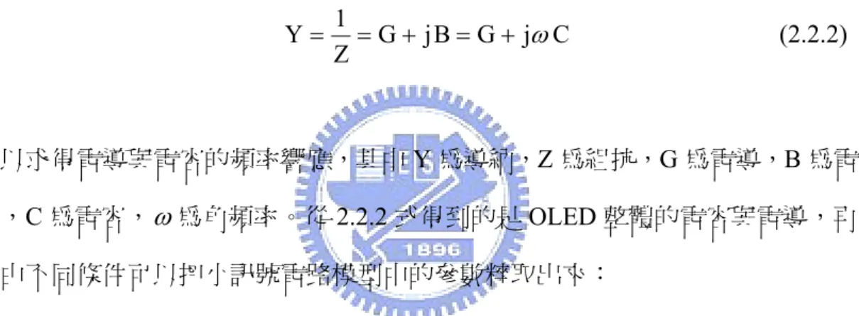 圖 2.2.2 為 OLED 的小訊號的等效模型，由一組並聯的 Rp、Cp 與 Rs 串聯組成。 圖 2.2.3 為 OLED 的交流量測示意圖，這我們的實驗中，除了改變輸入的小訊號 頻率之外，也改變的直流偏壓觀察對 OLED 的電壓與相位響應。從電壓與相位 的響應可以求得 OLED 整體的阻抗( Z ):  )i V exp(ZV input output × θ=                                   (2.2.1) 