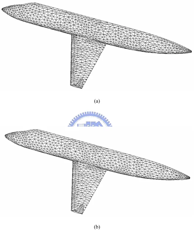 Fig. 4-7 Triangular surface mesh of wing-fuselage: (a) Original surface mesh and    (b) Surface mesh after smoothing