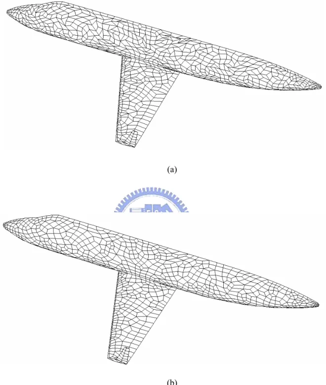 Fig. 4-8 Quadrilateral surface mesh of wing-fuselage: (a) Original surface mesh and  (b) Surface mesh after smoothing